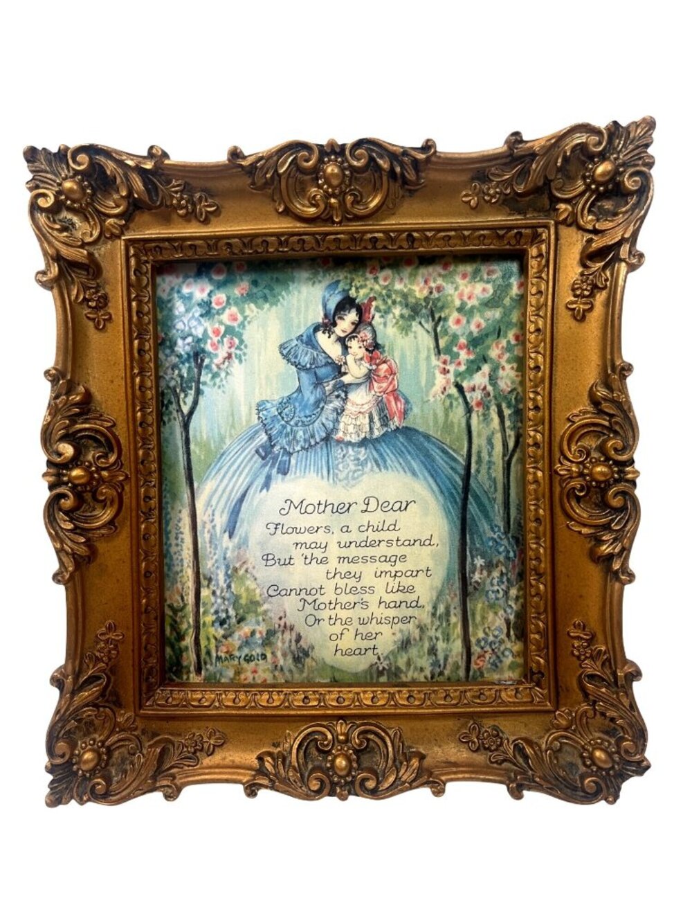 Vintage Ornate Gold Tone Frame With Mary Gold "Mother Dear" Poem Artwork 5"x7"
